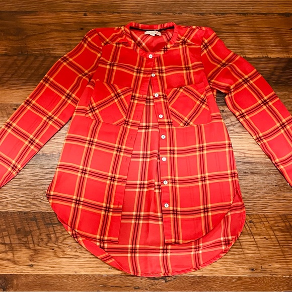 Gianni Bini Women’s Xtra-Small, Red/Yellow Plaid, Button Down, Long Sleeve Top - Picture 1 of 3